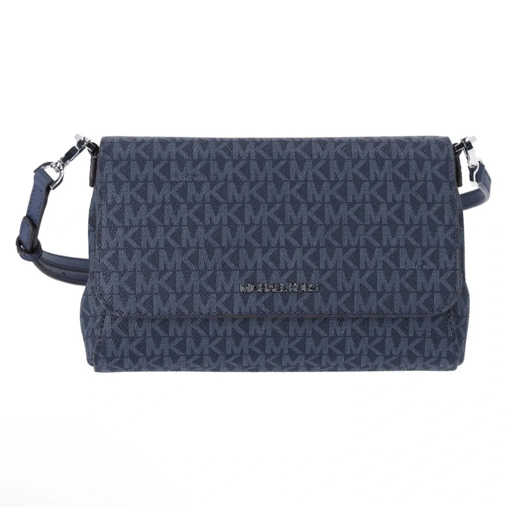 Michael Kors Jet Set Medium Convertible Pouchette Crossbody Navy MK Signature